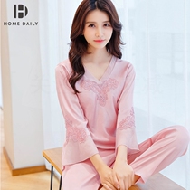 Real Silk Pyjamas Woman Spring Autumn Sexy thin section Long sleeves ice silk Two sets Korean version Girl Silk Home Suit Summer