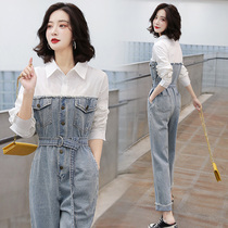 Denim Conjoined Pants Woman 2022 Chunqiu Style Conspicuic High Waist Fashion Foreign Air Conjoined Clothes Minus trendy work clothing Pants Tide