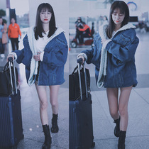 Star Shen Mengchen with lamb wool denim jacket womens winter velvet thickened BF loose medium-long cotton clothing tide