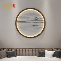 New Chinese style solid wood round light-emitting screen decorative painting hanging wall partition living room entrance semi-transparent yarn painting hanging screen