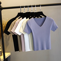 Counter ice silk short-sleeved T-shirt womens summer slim-fit all-match bottoming top high waist short V-neck umbilical knitwear