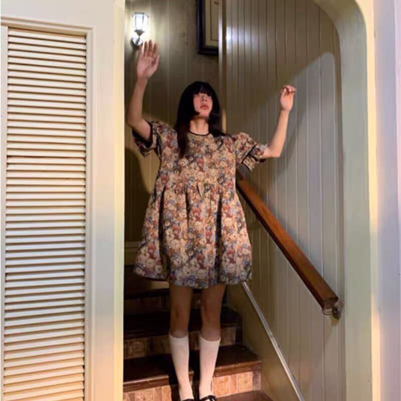 Pick up missed special cabinet Withdrawal Tail single big card Foreign trade new Summer French style retro cute little Bear Bubble Sleeves Ocean Dress