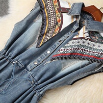 10855 10855 2021 Summer womens dress new retro printed flow Su draw rope to collect waist word dress denim dress