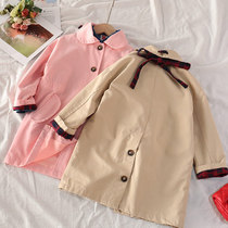Girls thin jacket cardiovert jacket Spring and autumn medium long style foreign air butterfly knot childrens baby girl baby doll collar windsuit