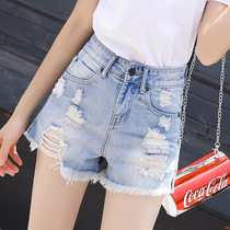 Hole denim shorts Women summer 2021 New High waist slim Korean version of burrs loose students wide legs hot pants