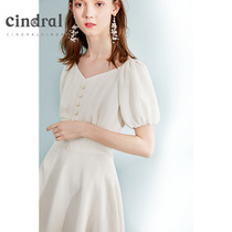 Heidi skirt women 2021 new summer white V collar dress waist thin temperament A- line dress bubble sleeves