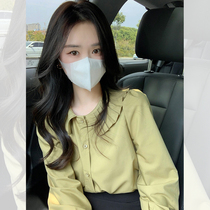 Brand discount big-name womens green long-sleeved doll collar shirt women 2022 autumn new chic and beautiful top