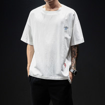 Tide Cards Linen Short Sleeve T-Shirt Male Summer New Big Code Loose Embroidered China Wind Men 50% Sleeves Clothes
