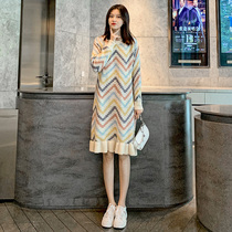 Pregnant women spring dress long fashion loose net red flared sleeves spring and autumn knitted outer skirt tide mom