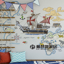 Cute childrens room pirate sailing world map custom non-woven mural boy girl bedroom background wall cloth