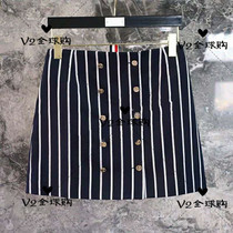 (V2)Thom Browne20 spring TB pleated skirt women high waist slim A- line dress stripe front short back long skirt