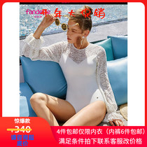 ^ Findis Female Embossed Lace Puff Sleeves Beautiful Back Sexy Swimsuit Stretch One-Piece Swimsuit FS00040