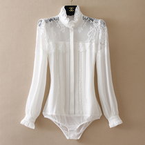 Lace black ear collar white shirt women's 2022 spring and autumn fashion palace style drop chiffon one shirt