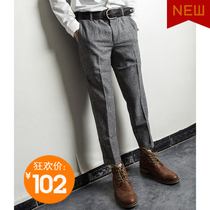 Autumn and winter New herringbone wool Tweed straight tube trousers loose retro British slim pants size tide