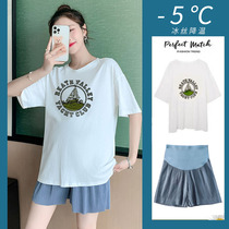 Maternity summer suit summer thin section going out female net red ice silk summer summer shorts casual two-piece set large size