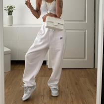 H family yuppie girl ancient small letter embroidery m drawstring pants foot split high waist tuft pants women loose sweater pants