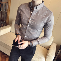 Spring and autumn Korean version of the shirt mens long-sleeved slim British business dress Plaid shirt free shirt Hair stylist inch shirt