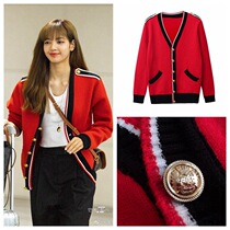 2021 autumn winter new Lisa stars the same knitted cardiovert lady temperament spelled side short red sweater jacket