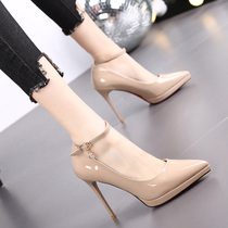 European and American 2022 new lacquered leather nude colour high heel shoe pointed slim 10cm high heel fine heels waterproof table single shoe