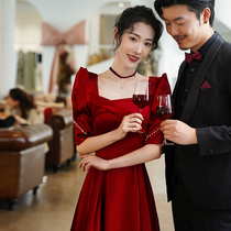 Toast Wedding Bride 2022 New Satin Wine Red Summer Womens Temperament Answer Sheen Evening Gown Dress Slim