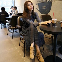 2021 Spring New temperament waist slim long sleeve chiffon dress French retro knee Super fairy long skirt