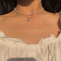 Retro Pearl double pendant necklace female French light luxury niche design advanced sense temperament personality Joker neck chain