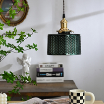 Light extravagant minimalist retro green corrugated lampshade brass glass atmosphere small chandelier Restaurant light Advanced bedside chandelier