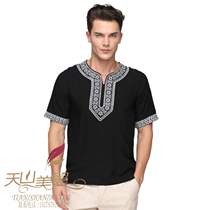 Cotton poplin 2018 summer new round neck Tianshan Meiyi ethnic loose top short-sleeved T-shirt mens and womens clothing