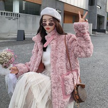 Pink Rabbit Fur Coat female winter Korean fashion trend standing collar thick warm hair plush foreign coat women