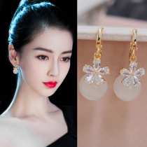 Earrings temperament high atmosphere wild retro ear ring cats eye stone earrings Japan and South Korea sterling silver needle pink stud earrings womens trend