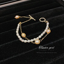 Real gold electroplated Pearl T-shaped buckle double-layer bracelet French minimalist couple girlfriends bracelet bracelet