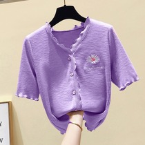 Short-sleeved T-shirt 2021 new summer dress slim embroidery purple v-neck knitted high waist short coat womens ins tide