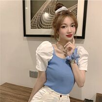 2021 summer new net red ins super fire bubble sleeve square collar all-match top short-sleeved stitching knitted T-shirt womens clothing