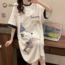 Nightgown women summer cute cartoon cotton thin short sleeve pajamas loose student mid-length dress housewear