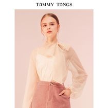 (Shopping mall with the same)sugar force spring new lantern long-sleeved beaded mesh perspective two-piece blouse top for women