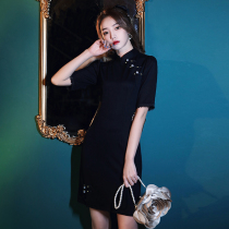 Black cheongsam 2021 new female modified version young little girl Chinese style dress autumn short
