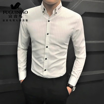 Fugui bird striped shirt mens long sleeve Korean trend handsome slim mens shirt casual business embroidery mens clothing