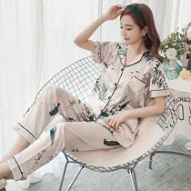 M-5XL Ice Silk Sleepwear Womens Summer Short Sleeve Long Pants Open Shirts Thin up overweight Fat Mm Fashion Suit Home Dress