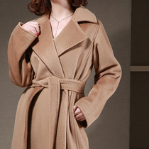 NZ2021 high end hump color large turning collar lacing to collect waist double face cashmere big coat woman mid-length wool coat autumn winter