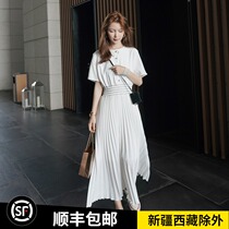 2021 New Korean version of high waist slim long knee Hepburn style a pleated dress female summer temperament