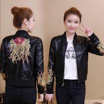 Leather jacket woman short PU leather jacket embroidered baseball uniform Loose Embroidered Jacket Woman