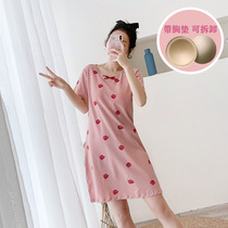 Short-sleeved nightdress summer belt chest pad pajamas womens pure cotton Korean version cute loose student cartoon printing sweet home service