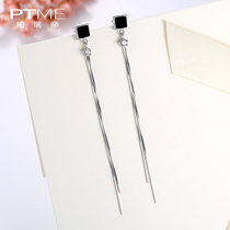 Face thin sterling silver earrings Black square stud earrings earrings female temperament Korean wild personality tassel long earrings