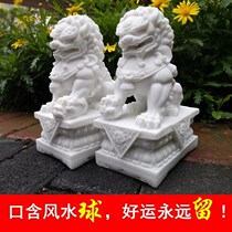 Stone lion pair of gatekeeper trumpet ornaments imitation white marble carving home Chinese decorative crafts new