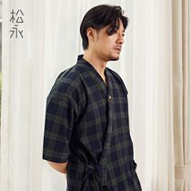 Songyong Chunxia cotton mens Hanfu short sleeve shorts check loose pajamas Japanese kimono bathrobe home suit set