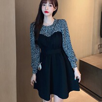 Korean version temperament French retro wild BAO WEN stitching DRESS FEMALE LIGHT COOKED SLIM thin MIDDLE PRINCESS SKIRT FEMALE