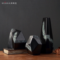 New Chinese retro coarse pottery ceramic rockery rockery black Zen ornaments living room creative fish tank imitation stone tea ceremony landscaping