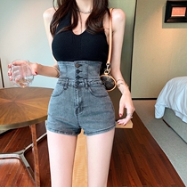 Smoke Grey Denim Shorts Women 2021 New Summer Row Buttons High Waist Display Slim Fit a pair of hot pants female Chains