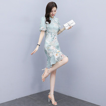 Snowspun Broken Floral Dress Dress Woman Dress Early Spring 2021 New Summer Mini-Style Temperament Short Sleeve Qipao