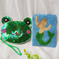  Special coin purse Handmade beaded childrens messenger coin purse Female fan small card bag beaded ten yuan wallet